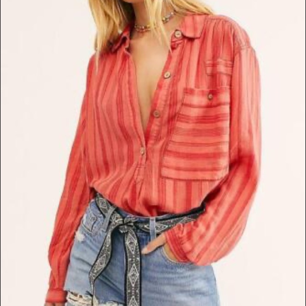 FREE PEOPLE Shirt | Summer Breeze Stripe | Coral | Sizes Small & Medium - Picture 4 of 16